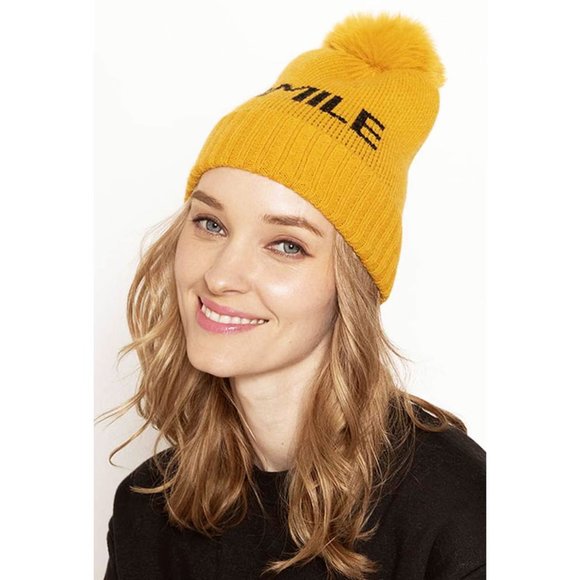 NEW Cute Smile Logo Graphic Faux Fur Pom Pom Cozy  Knit Beanie Hat Ivory Mustard - Picture 3 of 7